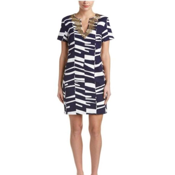 Trina Turk Dresses & Skirts - Trina Turk Geo Print Shift Dress Navy White
